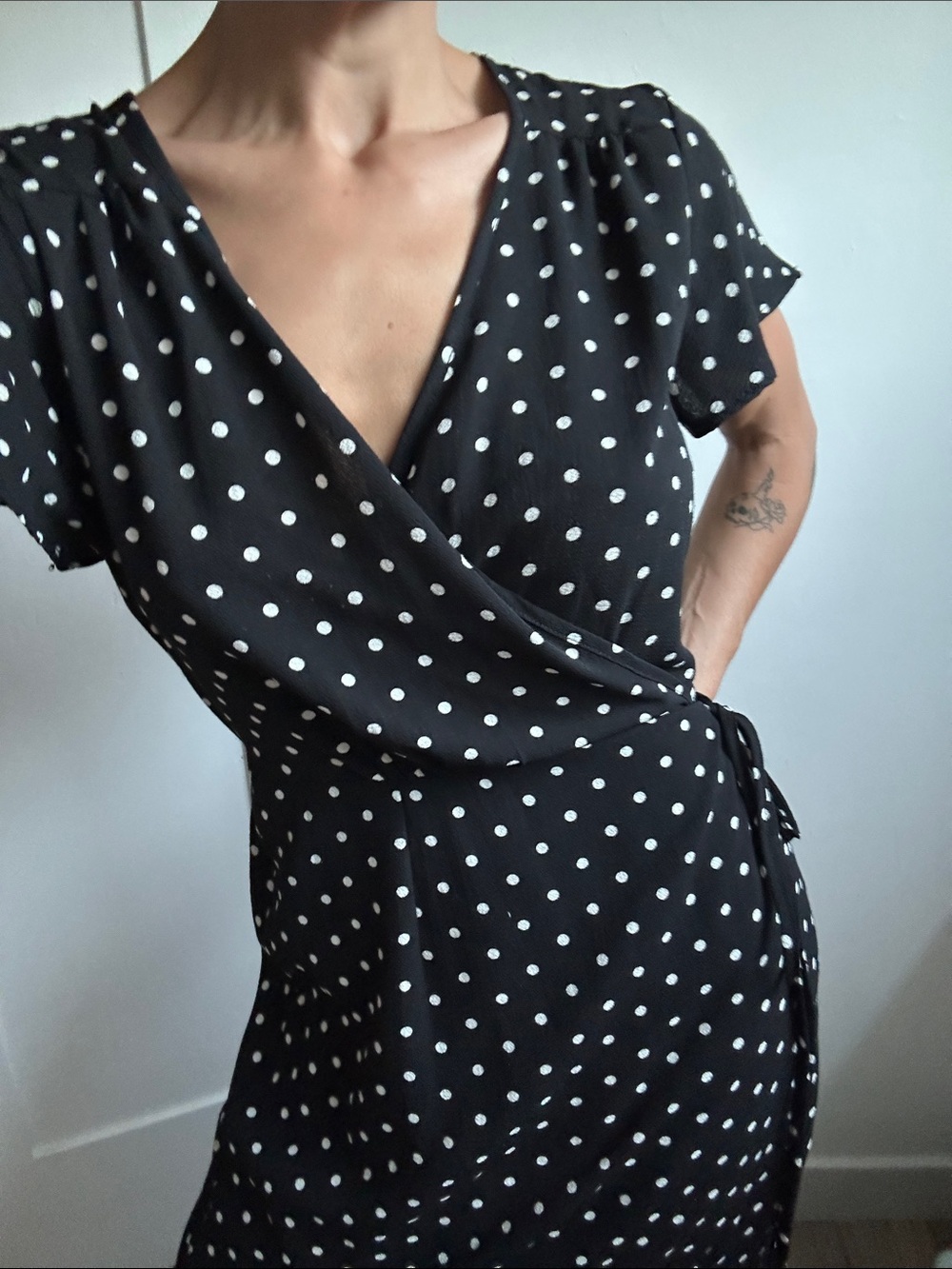 Black Polka Dot Wrap Midi Dress